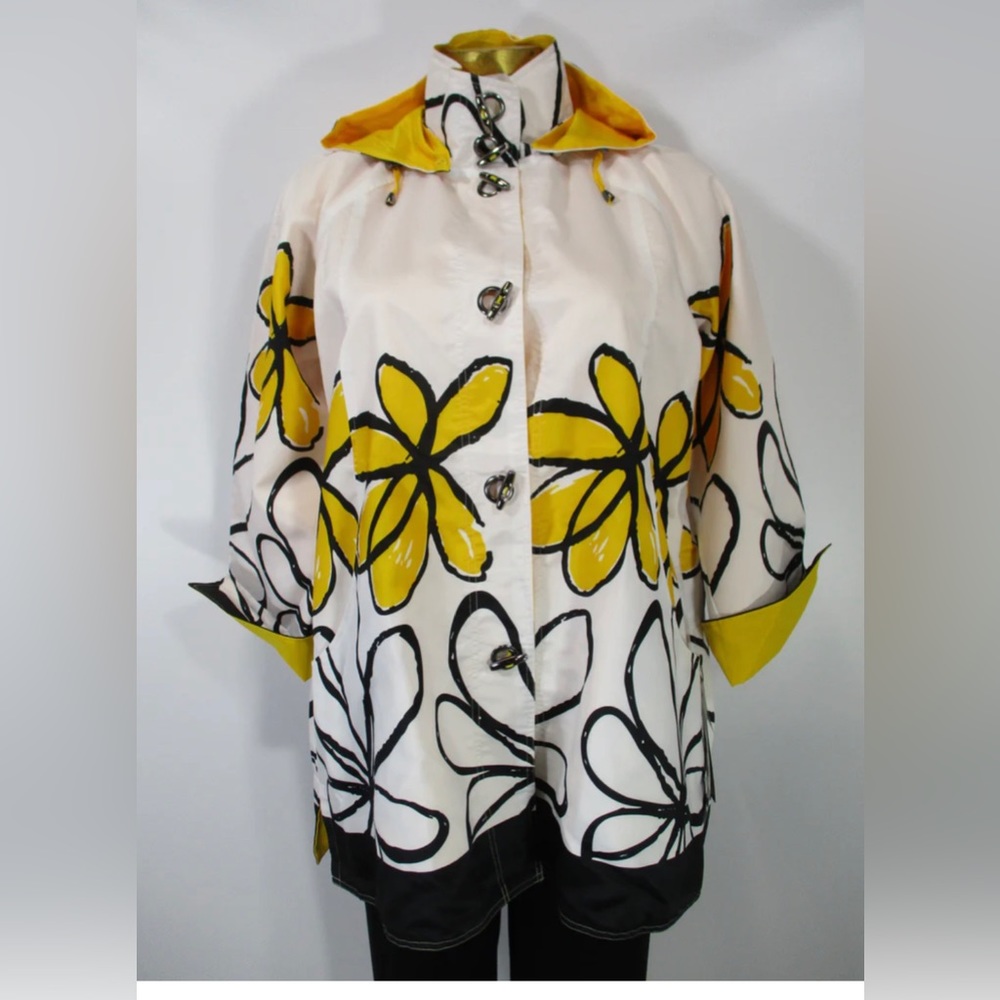 Yellow/White Big Flowers Long Sleeve Water Repellent Reversible Raincoat